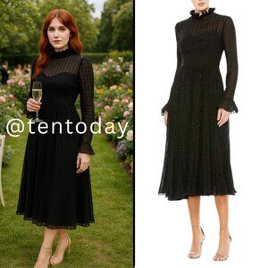 Mac Duggal 49627 Size 16 Black High Neck Long Sleeve Ruffle Midi Tea Dress